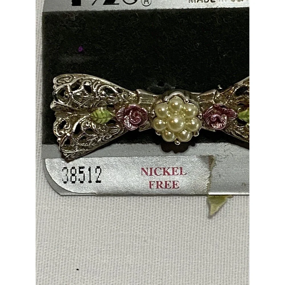 1928 Porcelain Rose Bow Gold Tone Filigree Brooch Pin Small  Vtg.
